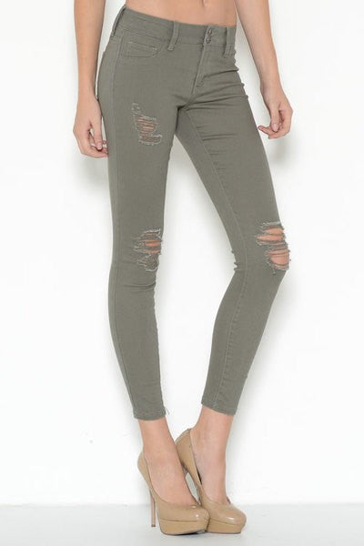 Distressed Skinny Jeans in Olive