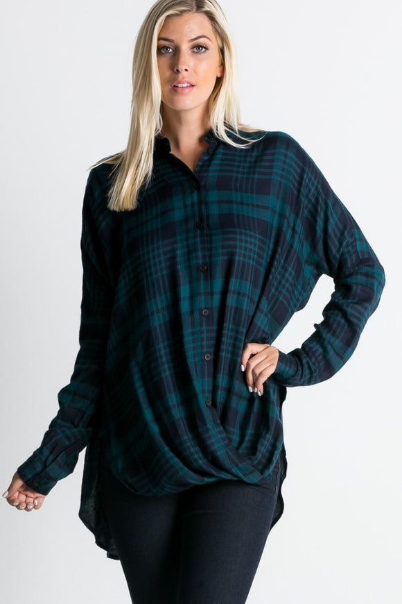 Plaid Front Wrap Top in Green