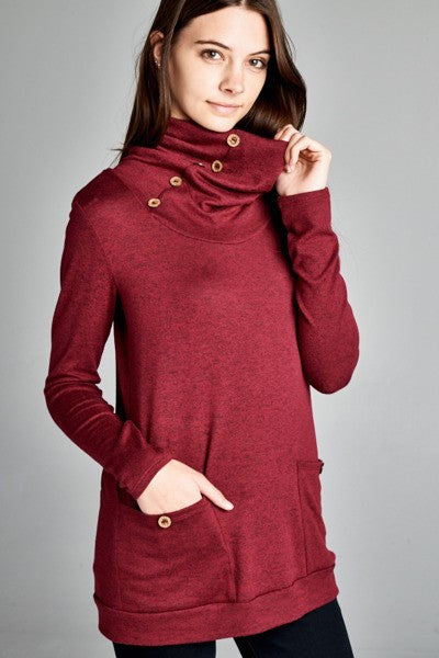 Button Cowl Neck Top in Burgundy